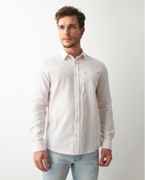 Camisa de Hombre, Slim Fit Manga Larga - Rayas Algodón + Lino