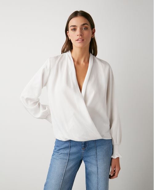 Camisa de Mujer, Silueta Amplia Manga Larga Escote en V - Detalle Cruzado Frontal