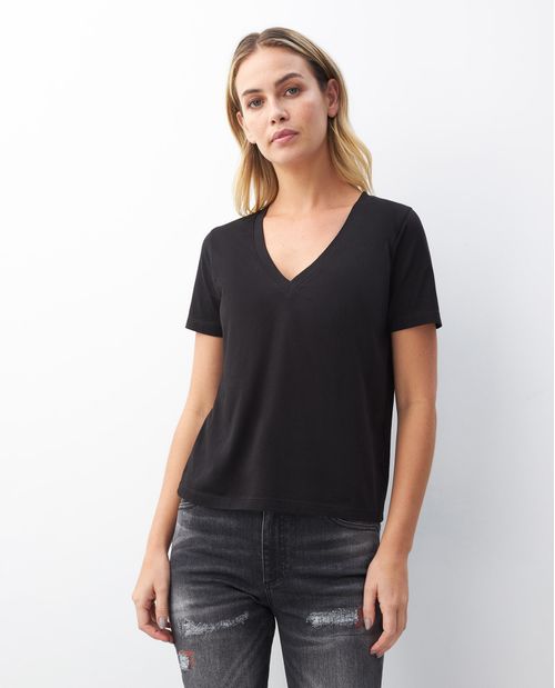 Camiseta Básica de Mujer, Manga Corta Cuello en V - Algodón Pima