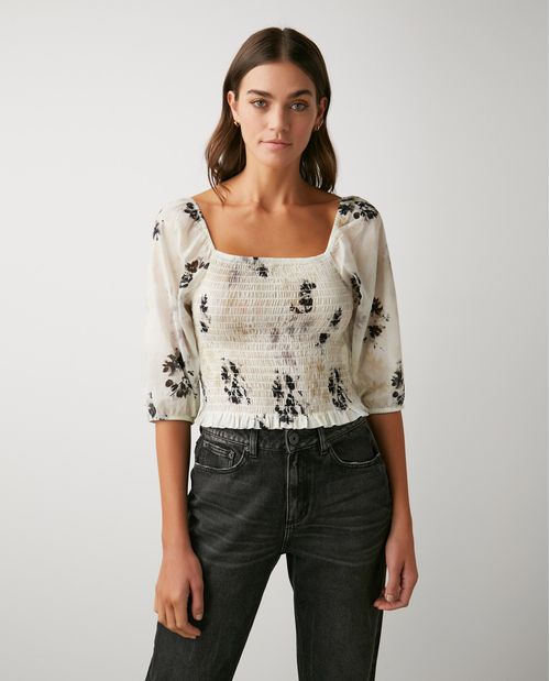 Camisa de Mujer, Silueta Ajustada Manga Corta con Volumen Escote Cuadrado - Print Floral