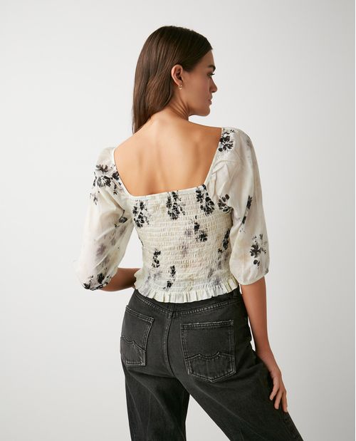 Camisa de Mujer, Silueta Ajustada Manga Corta con Volumen Escote Cuadrado - Print Floral