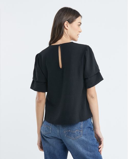 Camisa de Mujer, Silueta Recta Manga Corta Cuello Redondo- Textura Craquelada