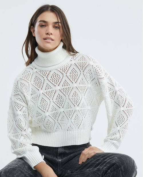 Suéter Tejido de Mujer, Silueta Crop Amplia Cuello Tortuga - Galga Gruesa