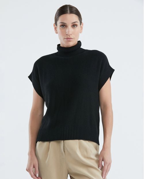 Camiseta Tejida de Mujer, Silueta Amplia Manga Corta Cuello Tortuga - Galga Liviana