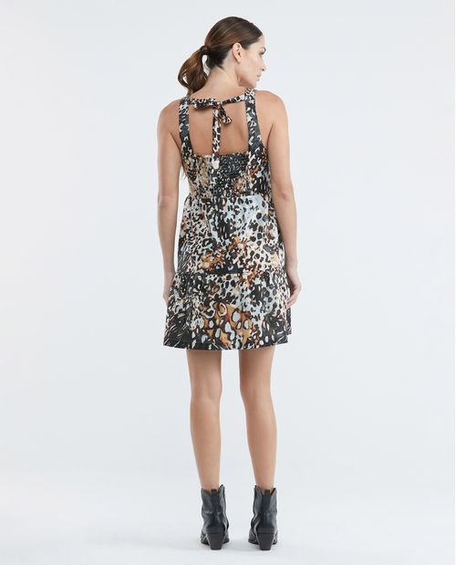 Vestido Corto, Escote en V Tirantes Amplios - Animal Print