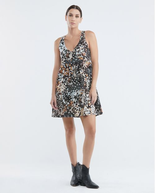 Vestido Corto, Escote en V Tirantes Amplios - Animal Print