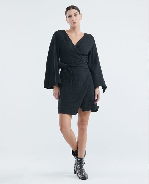 Vestido Corto Tipo Wrap, Escote en V Manga Larga - Textura Craquelada