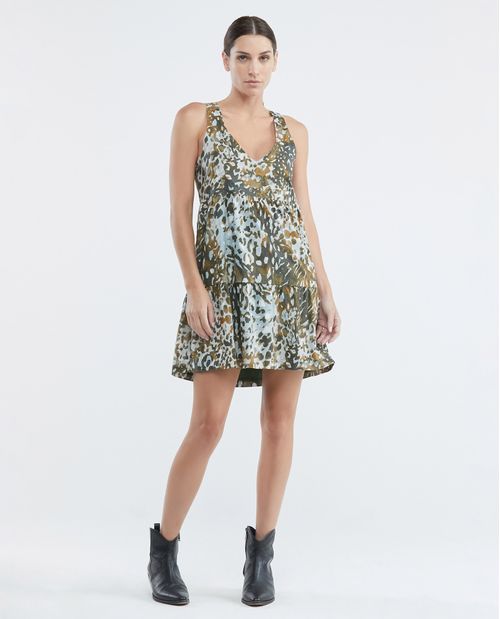 Vestido Corto, Escote en V Tirantes Amplios - Animal Print