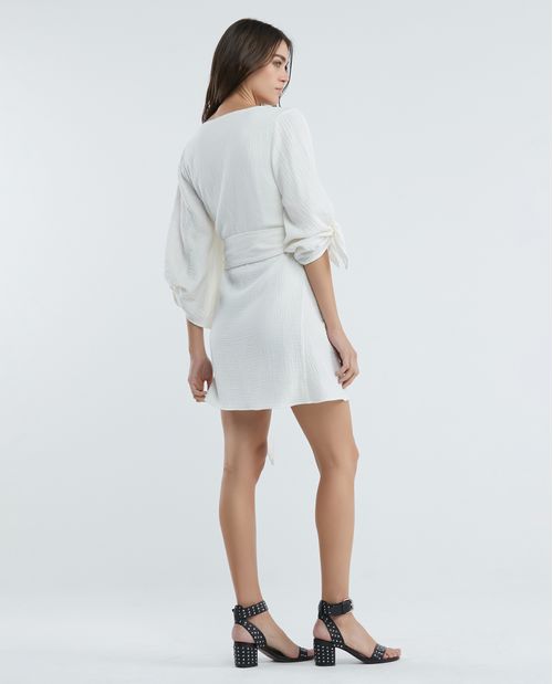 Vestido Corto Tipo Wrap, Escote en V Manga Larga - Textura Craquelada