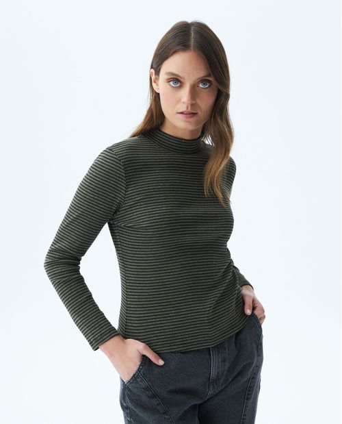 Camiseta de Mujer, Manga Larga Cuello Tortuga - Rayas Lurex