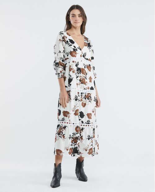 Vestido Largo Bohemio, Escote En V Manga Larga - Animal Print Floral + Encaje