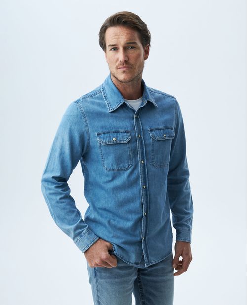 Camisa de Hombre en Denim, Slim Fit Manga Larga - Azul Claro