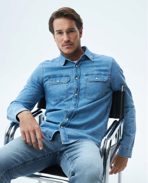 Camisa de Hombre en Denim, Slim Fit Manga Larga - Azul Claro