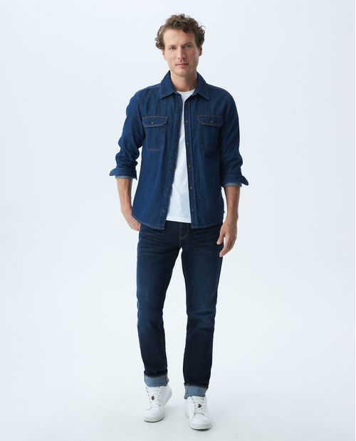 Camisa de Hombre en Denim, Slim Fit Manga Larga - Azul Oscuro