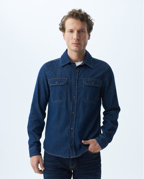 Camisa de Hombre en Denim, Slim Fit Manga Larga - Azul Oscuro