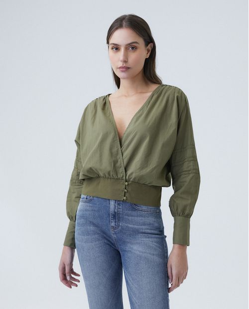 Camisa de Mujer, Manga Tipo Murciélago Escote en V - Diseño Amplio Ajustado en Cintura