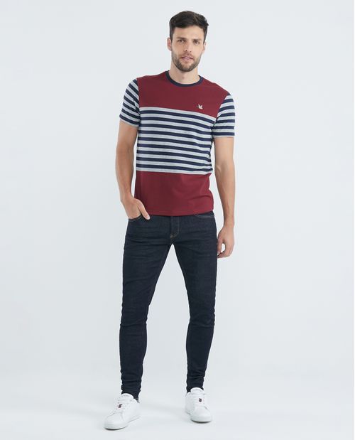 Camiseta de Hombre, Slim Fit Cuello Redondo - Rayas Jaspe + Bloques de Color