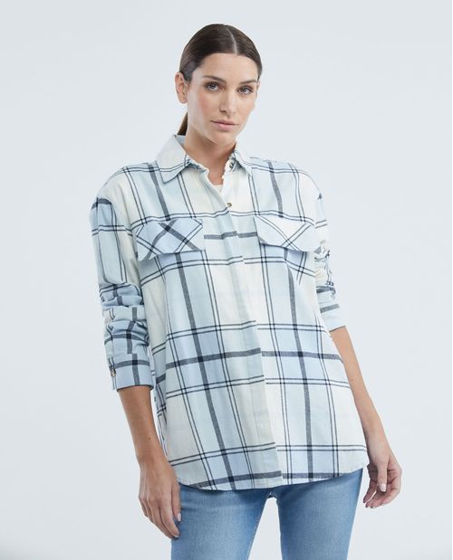 Camisa de Mujer, Silueta Recta Manga Larga Cuello Camisero - Cuadros