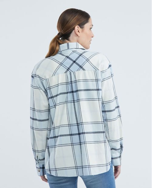 Camisa de Mujer, Silueta Recta Manga Larga Cuello Camisero - Cuadros