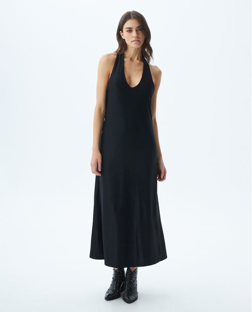 Vestido Largo Silueta Semi Línea A, Escote en V Cargaderas Amplias - Anudado en Cuello y Espalda