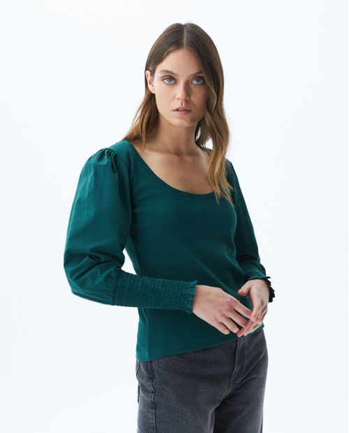 Camiseta de Mujer, Manga Larga Escote Redondo - Mangas con Volumen y Nido de Abeja