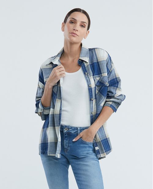 Camisa de Mujer en Denim, Oversized Fit Manga Larga - Cuadros