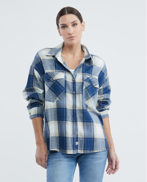 Camisa de Mujer en Denim, Oversized Fit Manga Larga - Cuadros