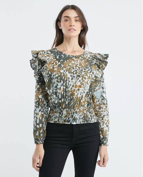 Camisa de Mujer, Silueta Recta Manga Larga Cuello Redondo - Animal Print