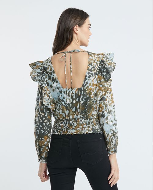 Camisa de Mujer, Silueta Recta Manga Larga Cuello Redondo - Animal Print