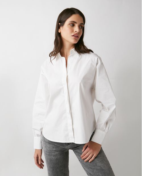 Camisa de Mujer, Silueta Recta Manga Larga Cuello Camisero - Diseño Oversized