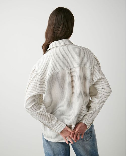 Camisa de Mujer, Silueta Oversized Manga Larga Cuello Camisero - Rayas Lino