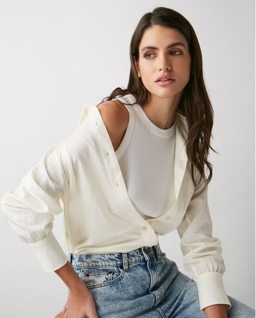 Camisa de Mujer, Silueta Recta Manga Larga Cuello Camisero - Rayas Textura Craquelada