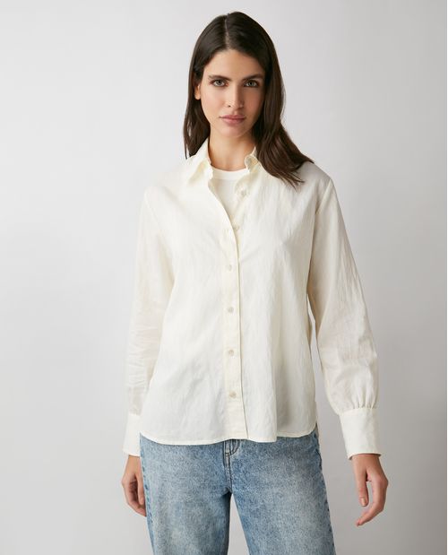 Camisa de Mujer, Silueta Recta Manga Larga Cuello Camisero - Rayas Textura Craquelada