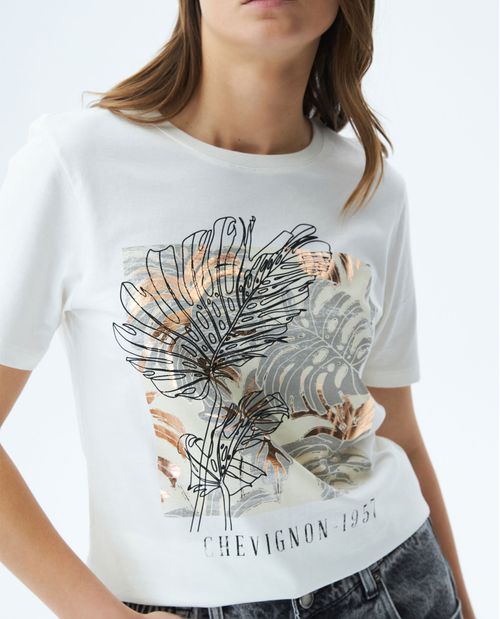 Camiseta Gráfica de Mujer, Manga Corta Cuello Redondo - Diseño Estampado Textil y Foli