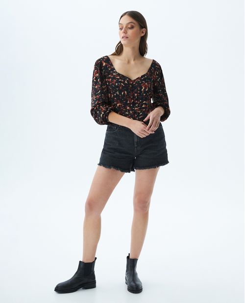 Camisa de Mujer, Tipo Corset, Silueta Ajustada Manga Larga Escote en V - Maxi Print Manchas