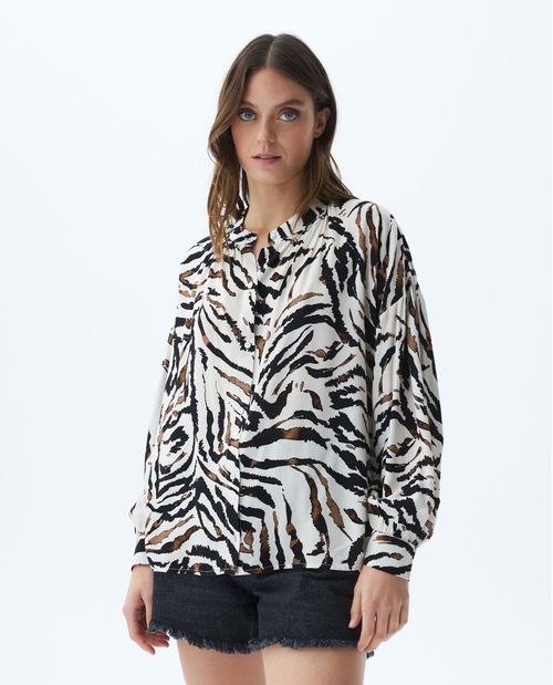 Camisa de Mujer, Silueta Recta Manga Larga Cuello Nerú - Maxi Print Cebra
