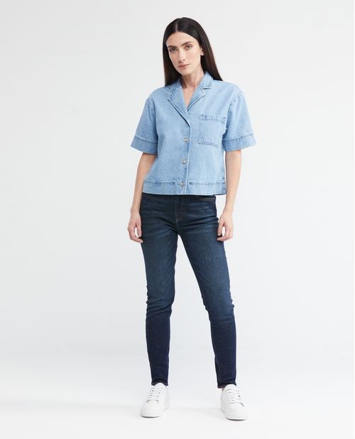 Camisa de Mujer en Denim, Slim Fit Manga Corta - Azul Claro