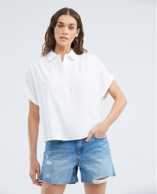 Camisa de Mujer, Silueta Recta Manga Corta Hombro Rodado Cuello Camisero - Media Perilla Escote V