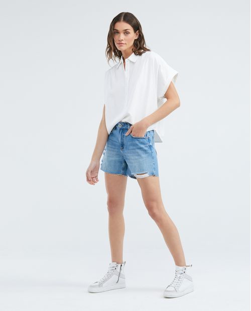 Camisa de Mujer, Silueta Recta Manga Corta Hombro Rodado Cuello Camisero - Media Perilla Escote V