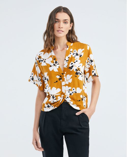 Camisa de Mujer, Silueta Recta Manga Corta con Vuelo Cuello Nerú Escote en V - Maxi Print Flores