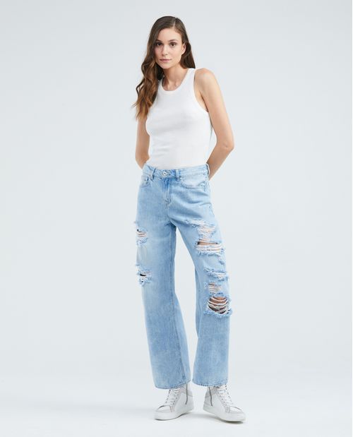 Jean de Mujer High Rise, Cosmo, Bota Relaxed - Azul Claro + Rotos