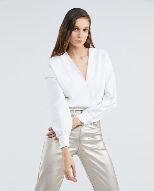 Camisa de Mujer, Silueta Amplia en Mangas Ajustada en Fajón Manga Larga Escote en V - Textura Animal Print