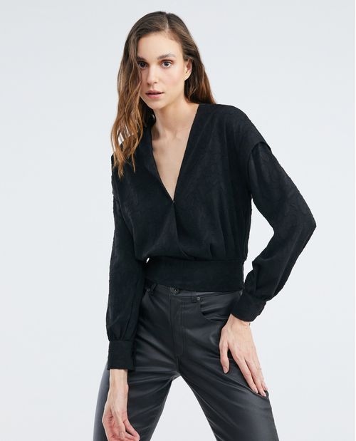 Camisa de Mujer, Silueta Amplia en Mangas Ajustada en Fajón Manga Larga Escote en V - Textura Animal Print