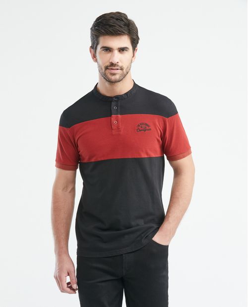 Camiseta de Hombre Tipo Polo, Slim Fit Manga Corta - Cuello Nerú + Bloques en Contraste