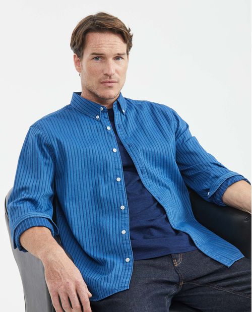 Camisa de Hombre, Classic Fit Manga Larga - Denim Rayas