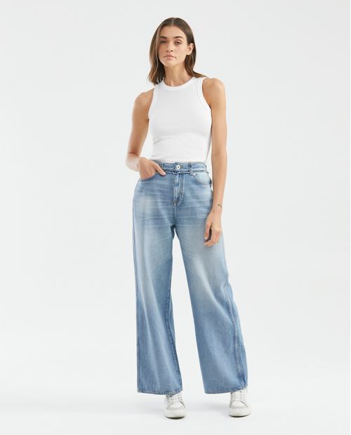 Jean de Mujer Wide Leg, Bota Relaxed - Azul Medio Vintage + Rotos