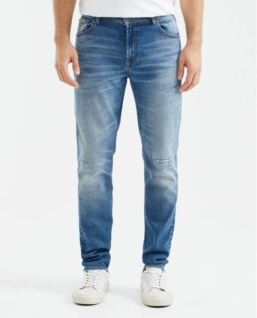 Jean de Hombre Straight Fit, Morrison, Bota Slim - Azul Medio Vintage + Rotos