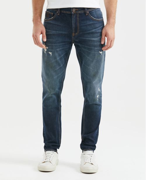 Jean de Hombre Super Slim Fit, Rider, Bota Slim - Azul Ultra Oscuro Vintage + Rotos