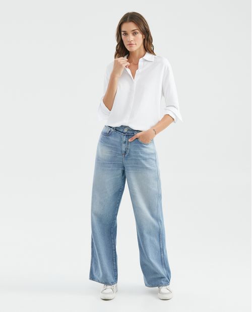 Camisa de Mujer, Silueta Recta Manga Larga Cuello Camisero - Viscosa