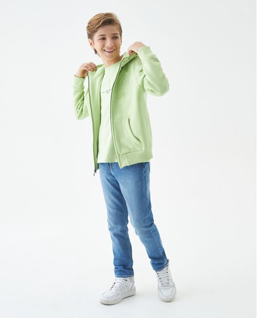 Buzo de Niño, Abierto con Capucha - Aplique Repujado + Texto Bordado